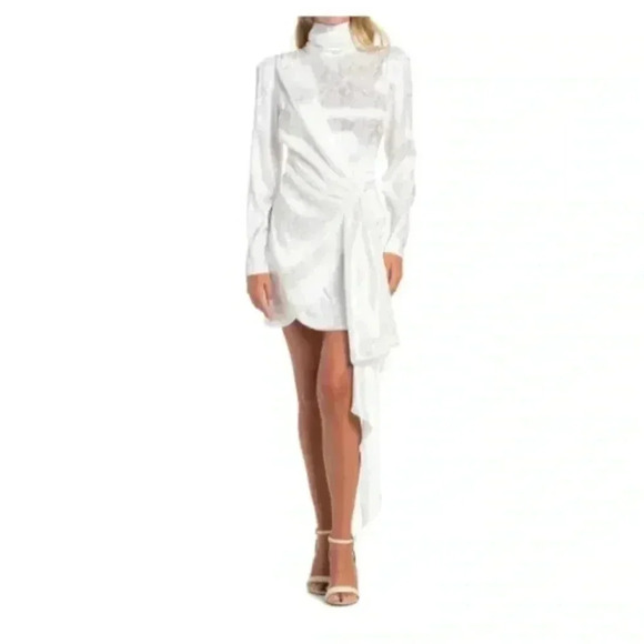 NEW $498 RONNY KOBO White Ria Jacquard Floral Draped L/s Mini Dress Sz XS